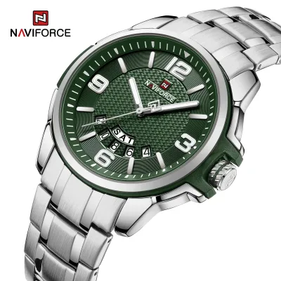 NAVIFORCE 9215 Men Wristwatch Top Brand Luxury Waterproof Watch Original Stainless Steel Sport Military Quartz Male Clock - Silver Green